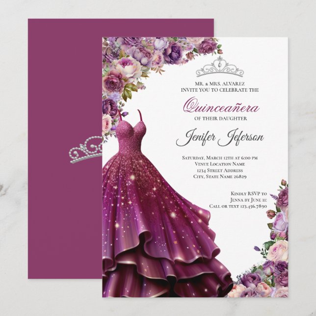 Invitation élégante de Quinceanera (Devant / Derrière)
