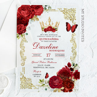 Invitation élégante de Quinceanera aux roses rouge
