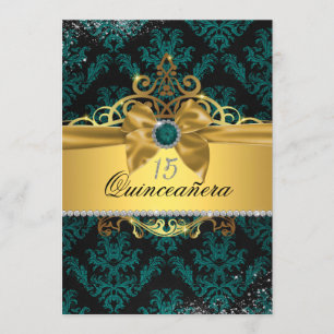 Invitation élégante de Quinceanera en damas or et