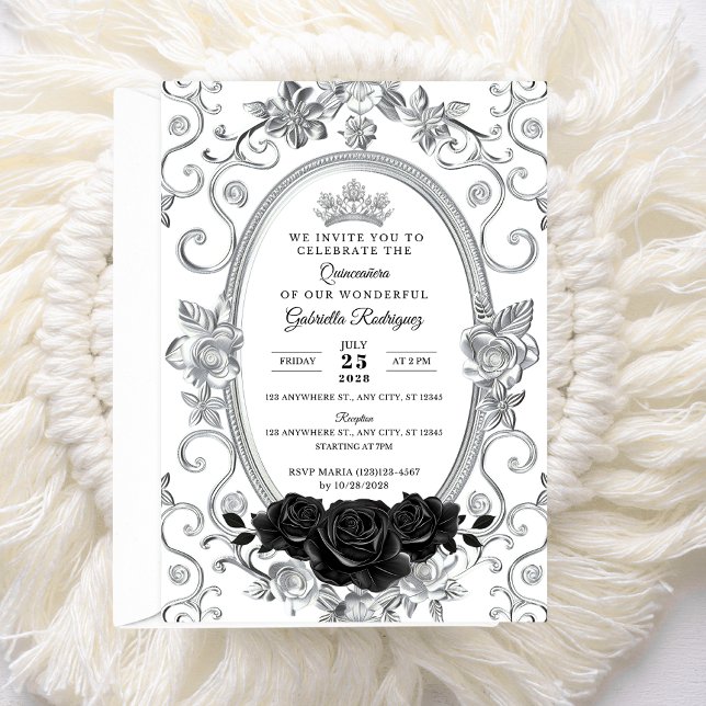 Invitation Élégante de Quinceañera Fleurie Noir Z2 (Créateur téléchargé)