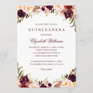Invitation élégante de Quinceanera florale bordeau