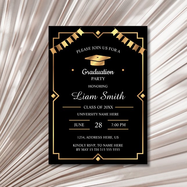 Invitation élégante de remise de diplômes noir et  (Elegant Black and Gold Graduation Party Card Invitation )
