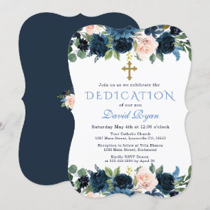 Invitation Élégante dédicace florale bleu bleu marine rose