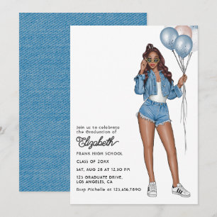Invitation Élégante Denim Girl avec Ballons Graduation Party