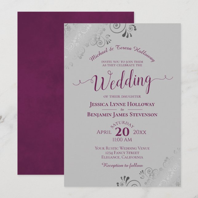 Invitation Élégante dentelle argentée sur gris Mariage offici (Devant / Derrière)