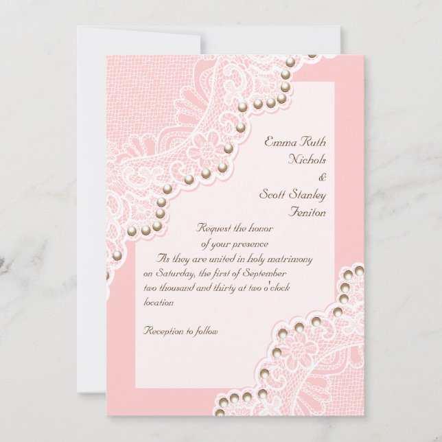 Invitation Elégante dentelle blanche avec perles rose mariage (Devant)
