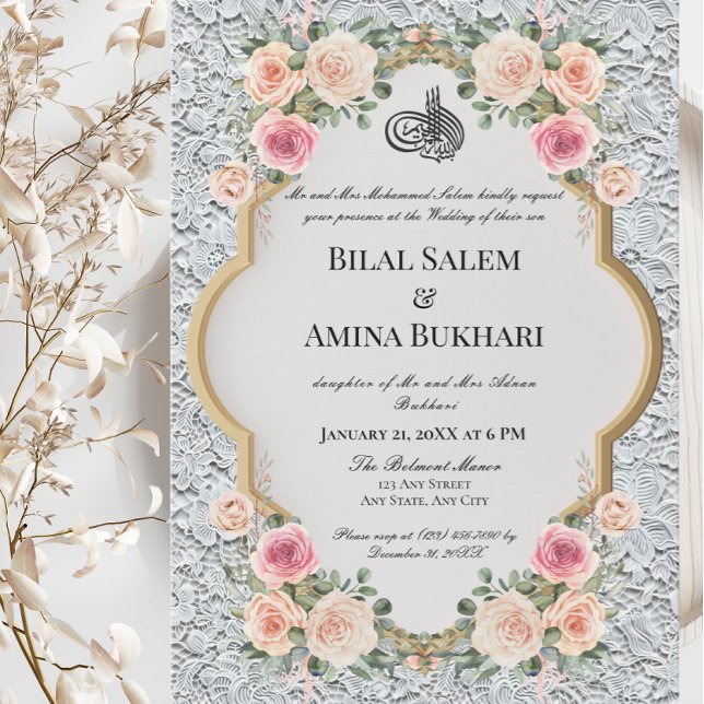 Invitation Elégante dentelle blanche et arche florale Mariage (Créateur téléchargé)