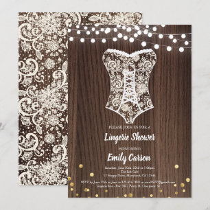 Invitation Elégante dentelle lingerie douche bois rustique