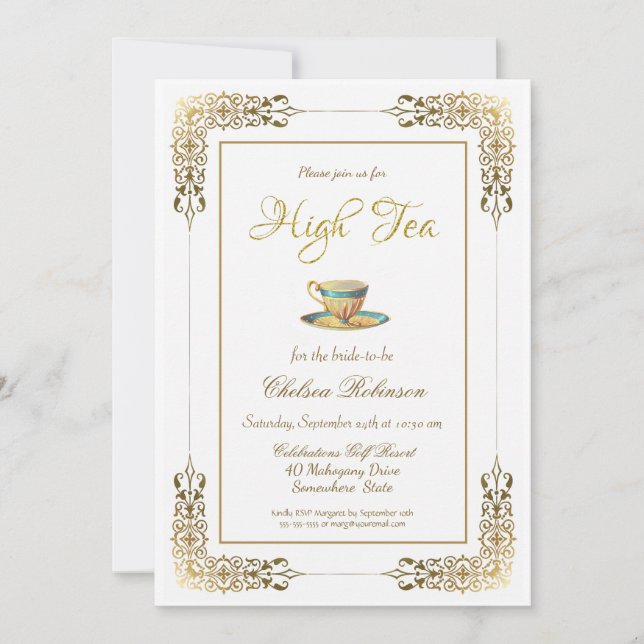 Invitation Elégante dentelle or haute Fête des mariées de thé (Devant)