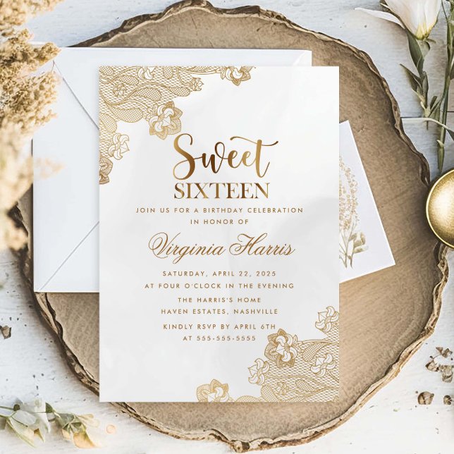 Invitation Elégante dentelle or Sweet sixteen orné 16 Anniver (Créateur téléchargé)