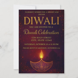 Invitation Elégante Diya & Gold Script Diwali Célébration