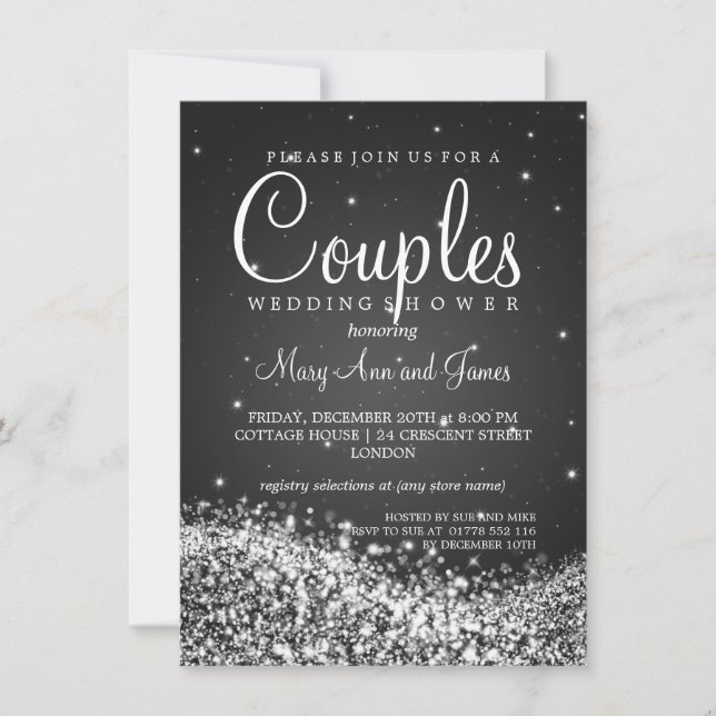 Invitation Elégante douche à deux couples avec étincelle Noir (Devant)