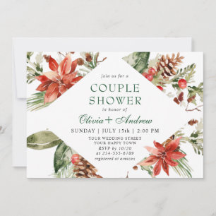 Invitation Elégante DOUCHE D'Aquarelle Rouge Poinsettia COUPL