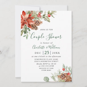 Invitation Elégante DOUCHE D'Aquarelle Rouge Poinsettia COUPL
