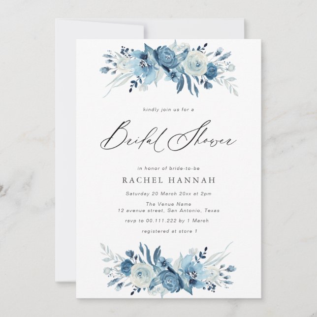 Invitation Élégante douche de mariée à script floral bleu (Devant)