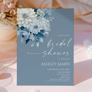 Invitation Elégante Douche de Mariée Fleurs Florales Bleu Pou