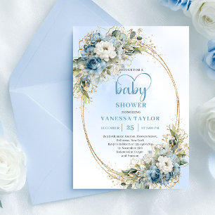 Invitation Élégante douche florale bleu clair Eucalyptus Or