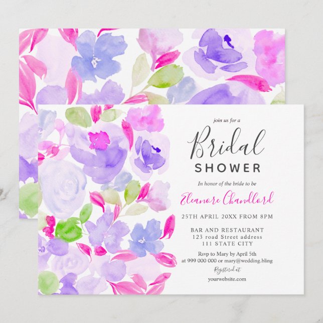 Invitation Elégante douche nuptiale à aquarelle violette (Devant / Derrière)