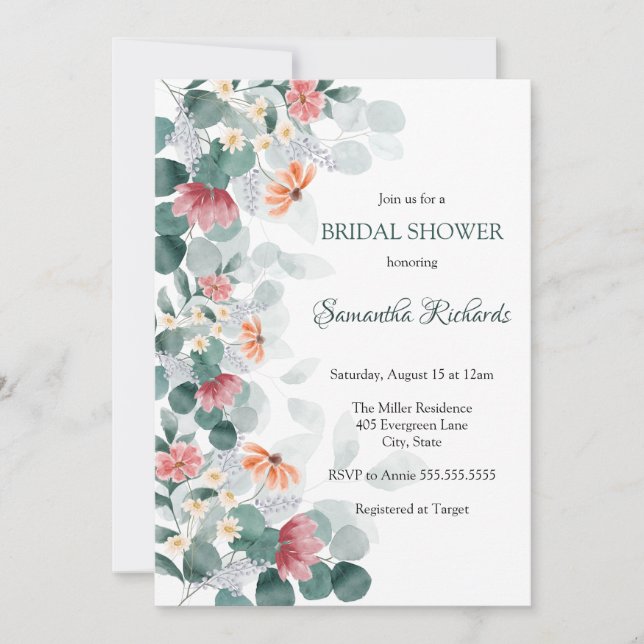 Invitation Élégante douche nuptiale à l'aquarelle verte (Devant)