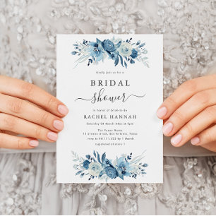 Invitation Elégante douche nuptiale fleurie bleu aquarelle