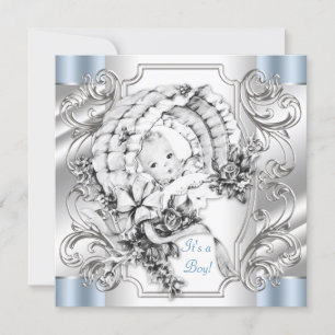 Invitation Elégante douche pour bébé bleu et argent Vintage