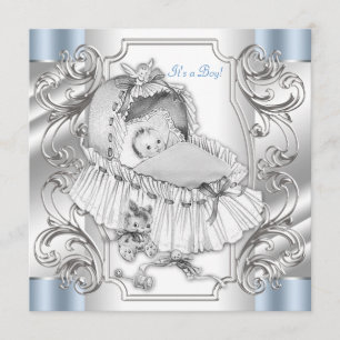 Invitation Elégante douche pour bébé bleu et argent Vintage
