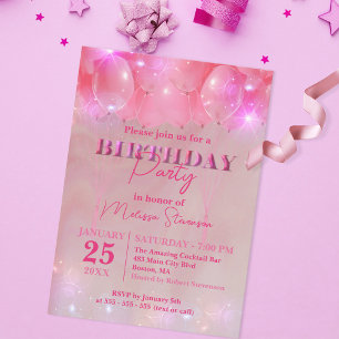 Invitation Elégante Dreamy Balloon rose étincelante fête d'an