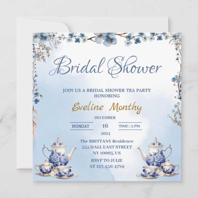 Invitation élégante dustée bleu fleurs thé fête nuptiale douc (Devant)