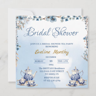 Invitation élégante dustée bleu fleurs thé fête nuptiale douc