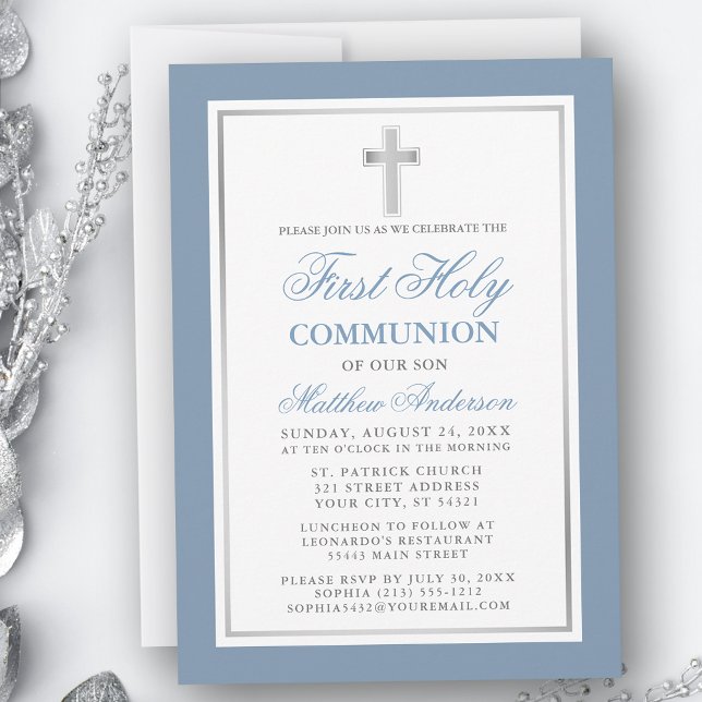 Invitation Elégante Dusty Bleu Argent Première Sainte Communi (Customize to change text size, color or text style.)