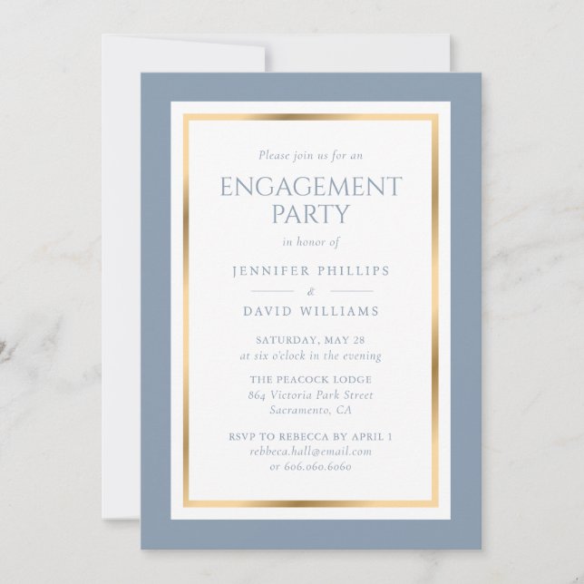 Invitation Elégante Dusty Blue and Gold Engagement Party (Devant)
