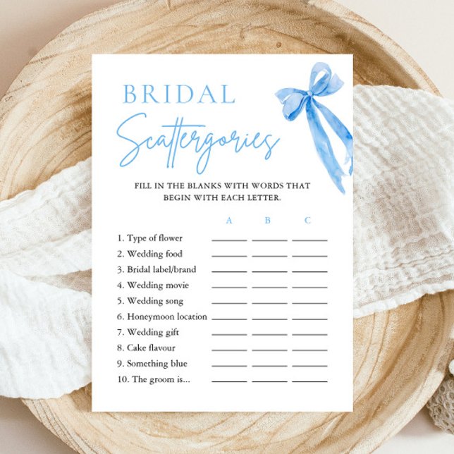 Invitation Élégante Dusty Blue Bow Bridal Scattergories Jeu (Elegant Dusty Blue Bow Bridal Scattergories Game)