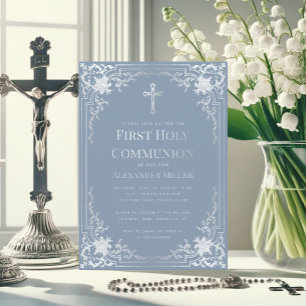 Invitation Elégante Dusty Blue Faux Silver Boy First Communio