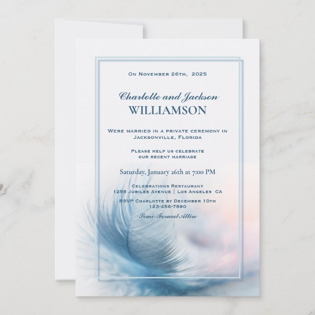 Invitation Elégante Dusty Blue Feather Réception de mariage (Devant)