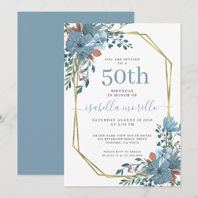 Invitation Elégante Dusty Blue Floral 50e Anniversaire Invita (Devant / Derrière)