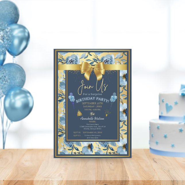 Invitation Elégante Dusty Blue Floral Surprise Anniversaire P (Créateur téléchargé)