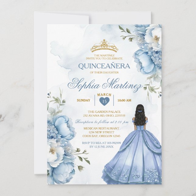 Invitation Elégante Dusty Blue Flowers Princesse Quinceañera (Devant)