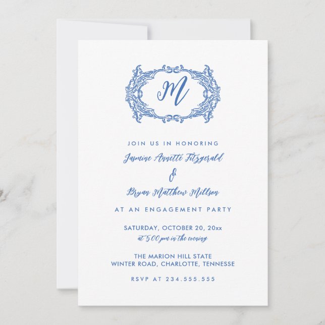 Invitation Elégante Dusty Blue French Crest Engagement Party (Devant)
