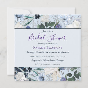 Invitation Elégante Dusty Blue & Navy Fête des mariées floral