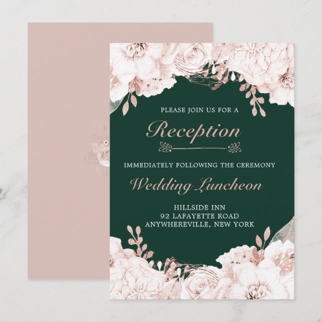 Invitation Elégante Dusty Rose Floral Forest Green Réception (Devant / Derrière)