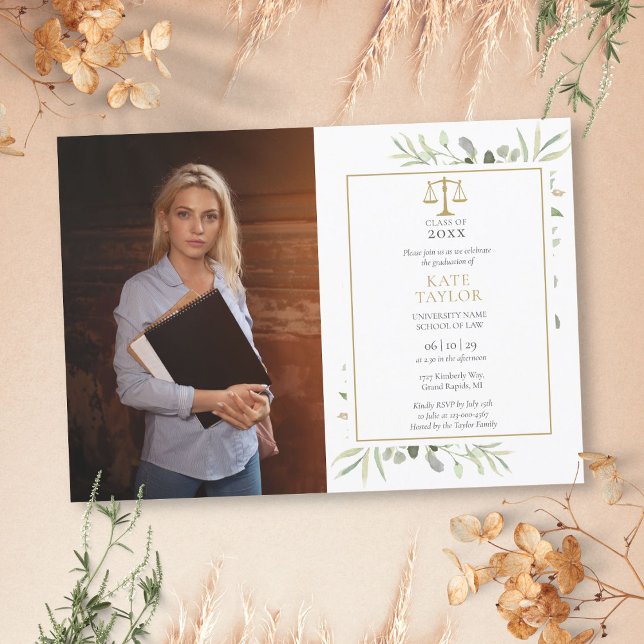 Invitation Élégante école de droit de la verdure Photo (Elegant Greenery Law School Graduation Photo Invitation)