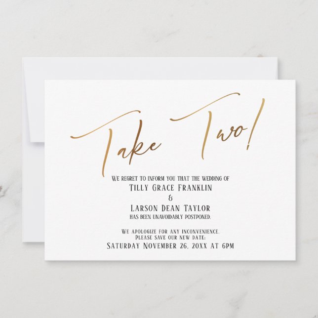 Invitation Elégante écriture Gold Prendre Deux Retard Mariage (Devant)