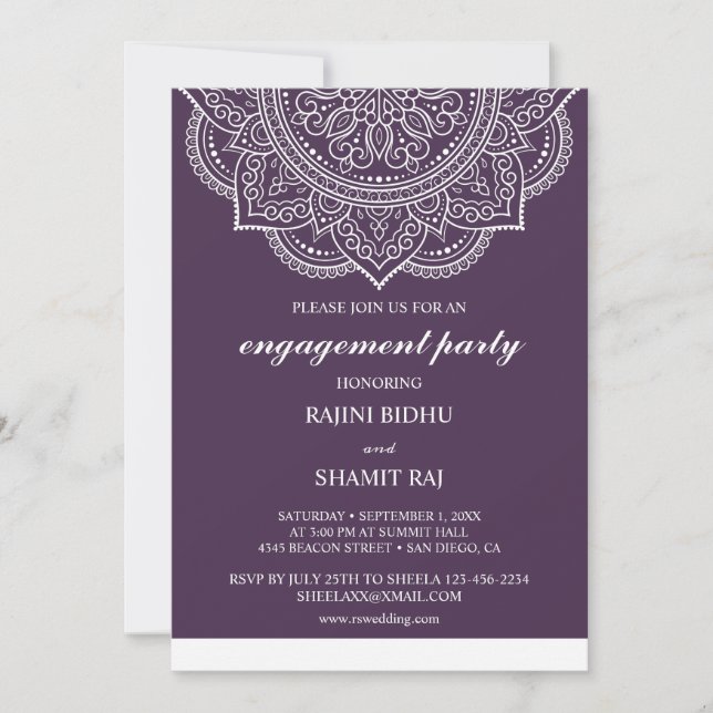 Invitation Elégante Eggplant Paisley Indian Engagement Party (Devant)