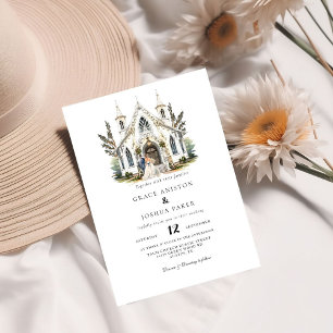 Invitation Elégante Eglise aquarelle Lieu Manoir Mariage