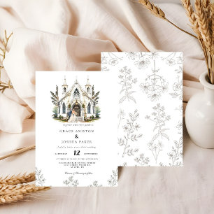 Invitation Elégante Eglise aquarelle Lieu Manoir Mariage