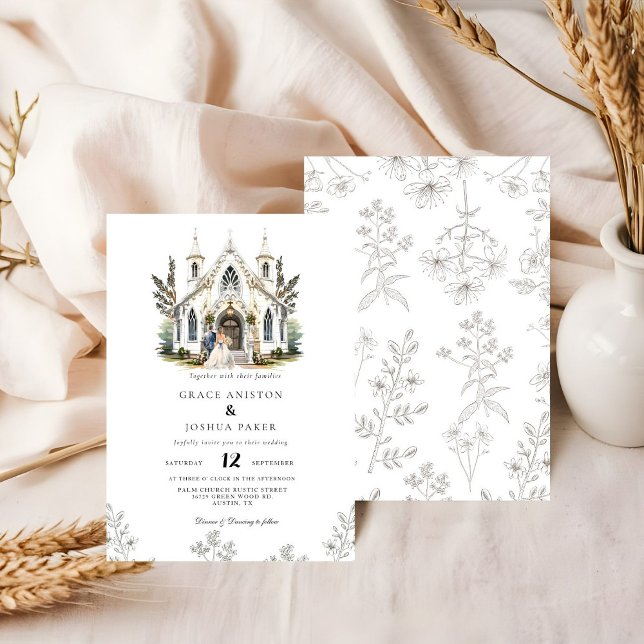 Invitation Elégante Eglise aquarelle Lieu Manoir Mariage (Créateur téléchargé)
