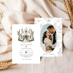 Invitation Elégante Eglise aquarelle Lieu Manoir Mariage