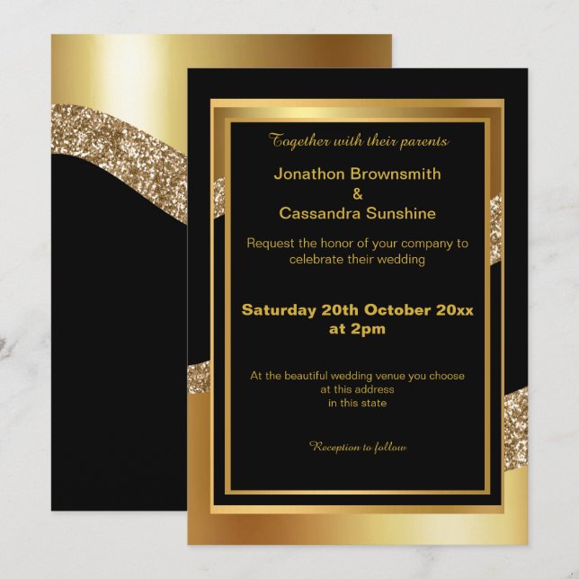 INVITATION ÉLÉGANTE EN PARTIES SCINTILLANT NOIRE E (Devant / Derrière)