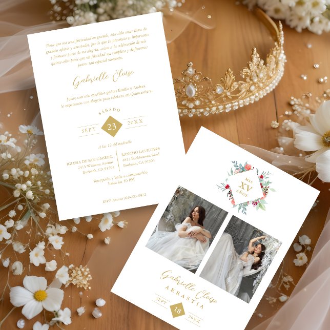 Invitation Elegante Español Forma Moderna De Diamante Floral (panish Elegant Modern Floral Anagram 2 Photos Collage Metallic Foil Invitation with Envelope. )
