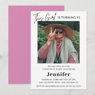 Invitation élégante et amusante rose pour 91 ans 